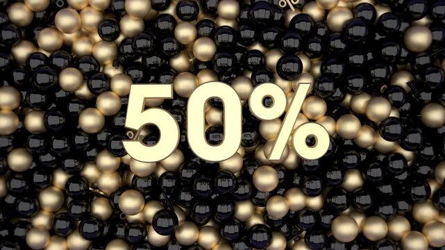 Elegant Black Friday promo featuring gold and black spheres revealing 50%..