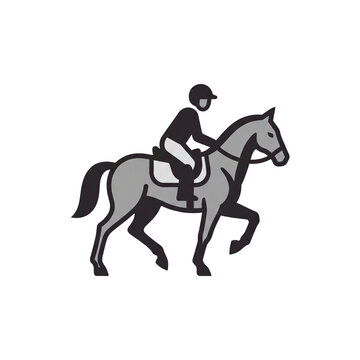 A minimalist flat vector icon featuring a rider with a helmet on a galloping horse, designed for sports branding, mobile apps, and equestrian competition materials.
