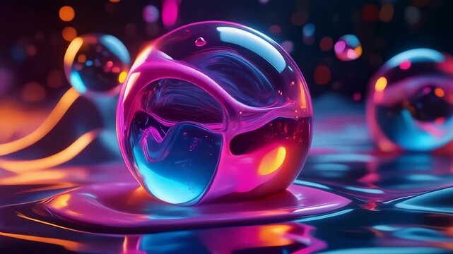 Floating translucent spheres with swirling neon liquid interiors drifting over a reflective glowing fluid surface 4K Generative AI
