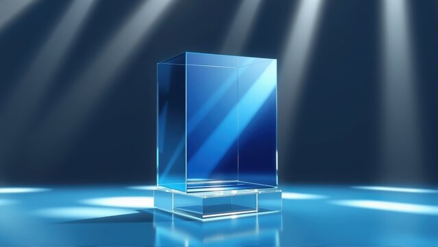 Glass cube stands center stage. Dramatic lighting creates strong contrast, highlighting objects form. Minimalist presentation, sleek design.