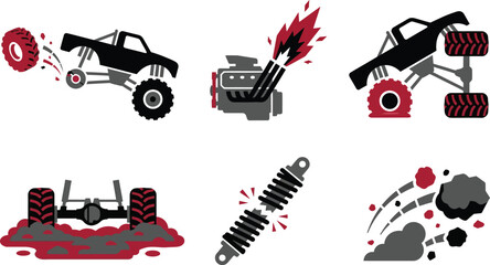 Monster truck vector icons set, extreme off-road vehicle illustrations, 6 automotive mechanical elements including engine with flames and suspension © Hafizbro
