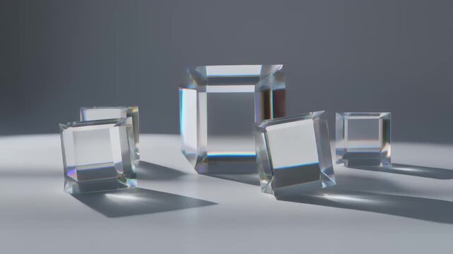 Transparent glass cubes floating and refracting colorful light beams in a minimalist studio environment 4K Generative AI