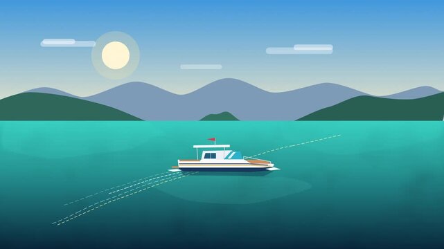 Pixel art boat sailing on sea water surface with mountains landscape background animation loop
