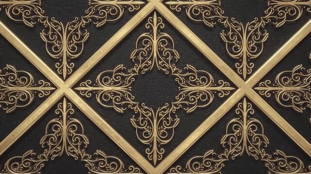 Luxury gold damask ornament on black diamond grid background