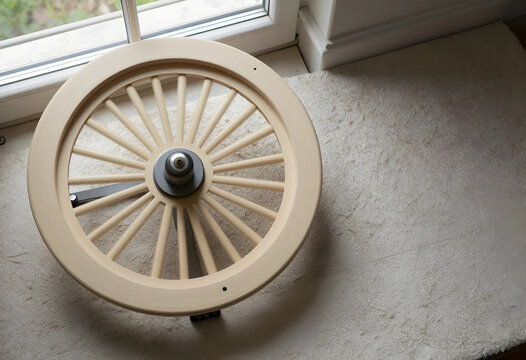 Craftsmanship and traditional manufacturing, wooden spinning wheel part for textile production and artisan hobby on a soft textured rug by a window