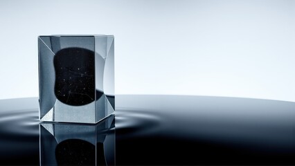 Fototapeta premium Glass cube reflects starry night sky. Ripples distort reflection, creating dramatic visual effect. Minimalist composition, dark tones dominate.