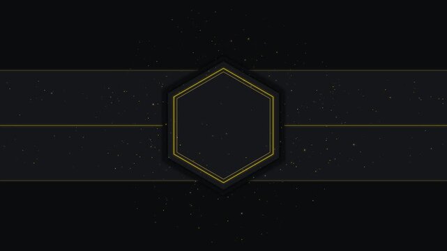 Luxury gold hexagon frame on dark background, with shimmering particles, and horizontal lines, motion gold accents