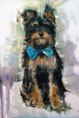 Ritratto artistico di cane Yorkshire Terrier con papillon blu, dipinto ad olio e acrilico in stile espressionista su tela © Ilarialapreziosa