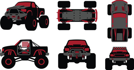 Monster truck vector set with multiple views, red and black off-road vehicle illustrations, 4x4 extreme racing truck graphics for apparel design © Hafizbro
