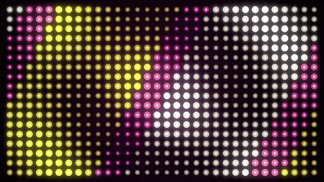 Abstract led dot panel with moving diagonal stripes of white yellow and pink lights.