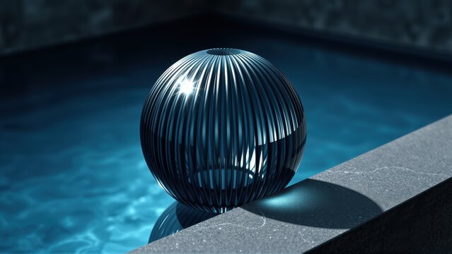 Striking sphere rests poolside. Ribbed texture catches light, creating dramatic shadows. Water reflects cool tones, modern design.