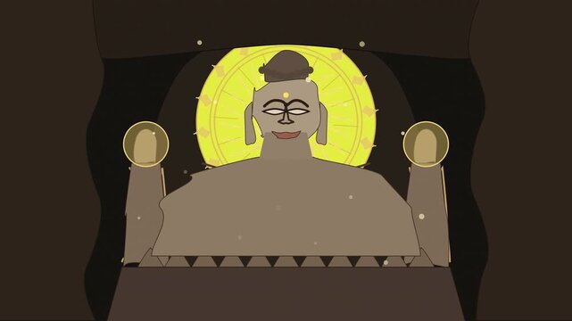 Pixel art buddha statue with glowing halo and shining particles background
