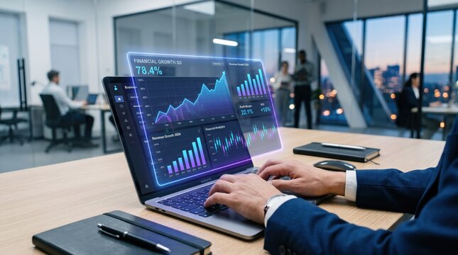 Executive analyzing financial growth charts on laptop with augmented reality projection, business analytics dashboard showing revenue trends, modern office setting with team