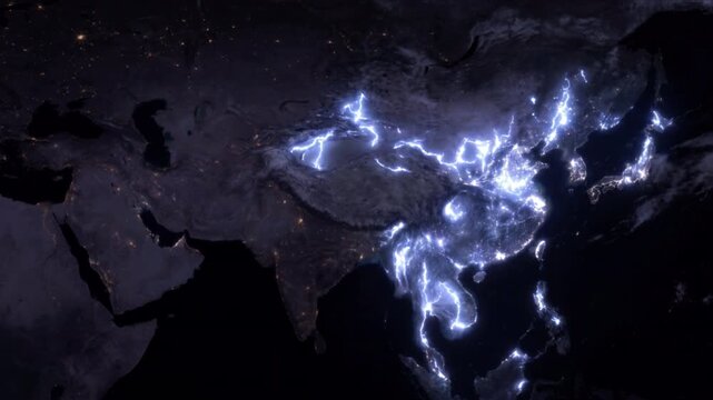 衛星視点のアジア大陸上空で雷雲が激しく放電する夜間気象のCG映像