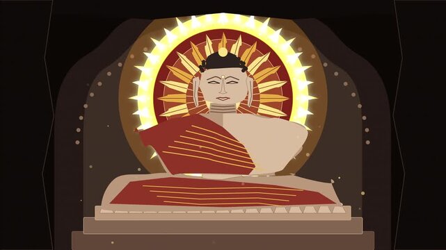 Pixel art buddha statue animation with glowing golden halo and meditation theme