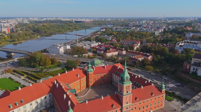 Aerial Drone View of Warsaw Old Town and Royal Castle on a Sunny Day