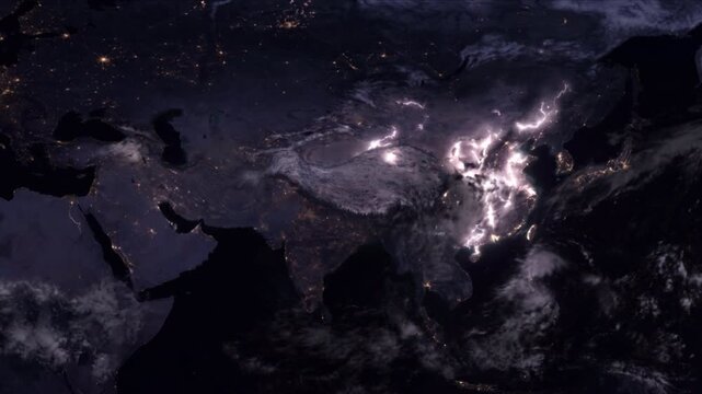 衛星視点のアジア大陸上空で雷雲が激しく放電する夜間気象のCG映像