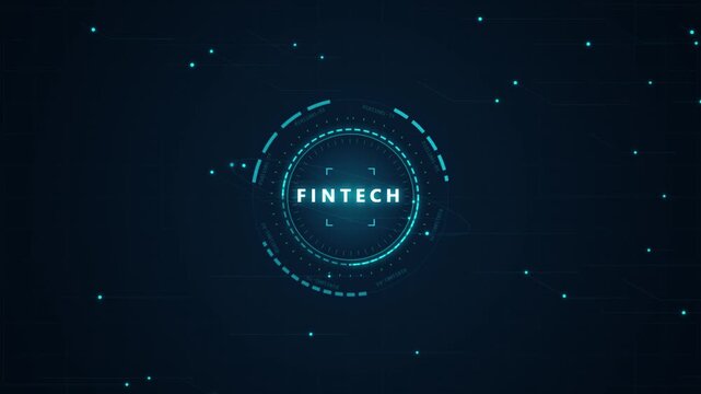 Fintech digital logo animation with futuristic circuit board data interface background.