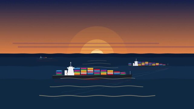 Pixel art cargo ship sailing on ocean during sunset animation