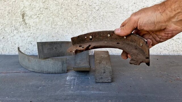 Old automotive brake shoe with worn friction lining being removed by hand during vehicle repair, inspection, restoration, maintenance, and replacement of used braking components