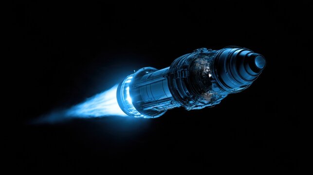A spacecraft with a nuclear rocket engine propels through dark space, utilizing reactor heat to expel propellant for higher thrust.