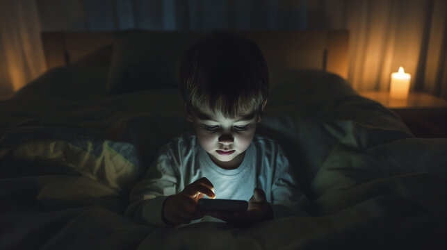 child being slowly pulled into glowing smartphone screen, dark minimal room, digital addiction