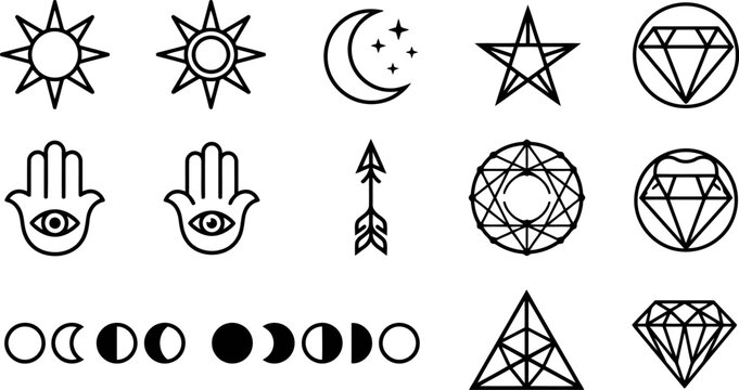 Line art mystical symbols with sun crescent moon hamsa hand and diamond vector
