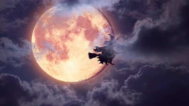 Silhouette of witch flying on broomstick before full moon