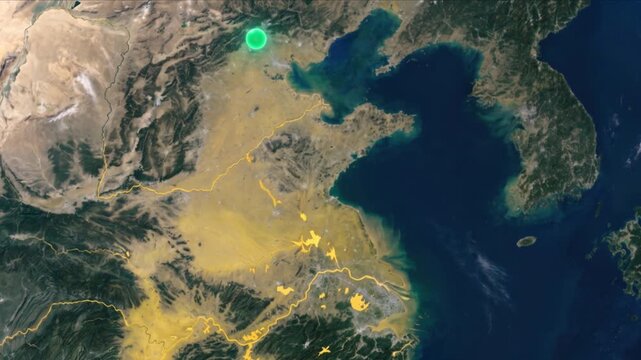 衛星視点の中国大陸で上海と北京を結ぶ光ネットワーク通信のCG映像