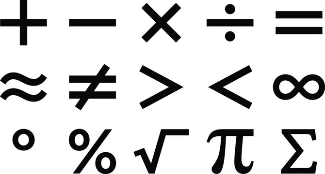 A collection of various mathematical symbols and scientific notation icons isolated on a plain white background
