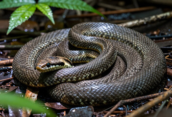 Obraz premium Wildlife conservation and biodiversity, coiled snake resting on forest floor in natural habitat with textured scales and alert eyes in wilderness