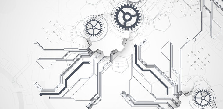 Technology background with grey gears, circuit board lines, geometric circles. Vector