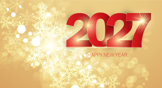2027 Happy New Year background with golden snowflakes.