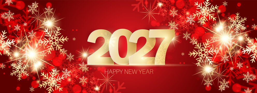 2027 Happy New Year background with golden snowflakes.