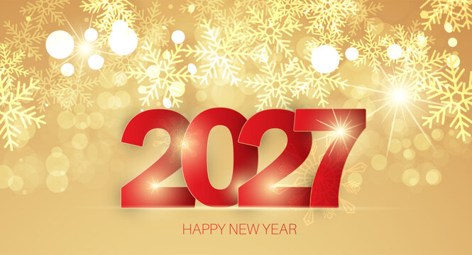 2027 Happy New Year background with golden snowflakes.