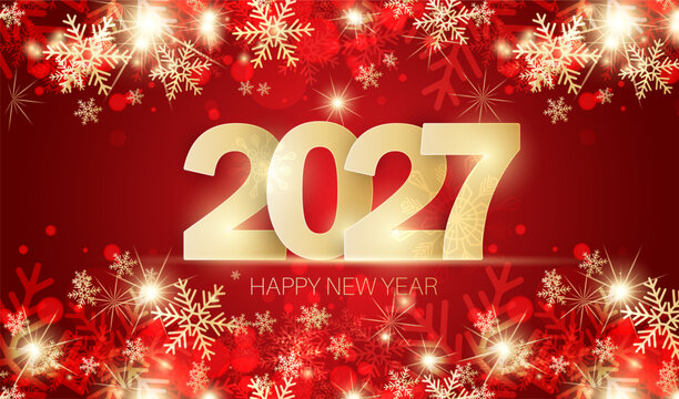 2027 Happy New Year background with golden snowflakes.