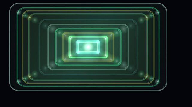 Glowing neon nested rectangular frames create a recursive looping abstract technology background.