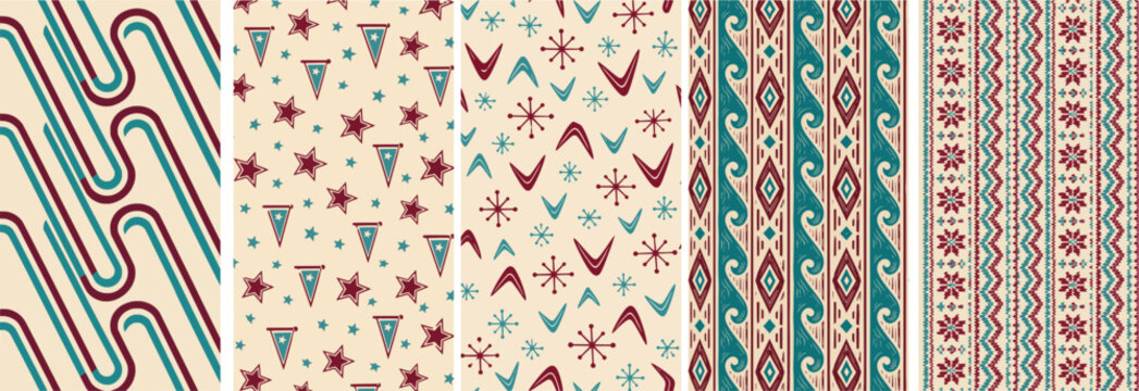 Vintage varsity jersey pattern vector background set. Featuring stars and pennants, woodcut waves, atomic boomerangs, Fair Isle knit and retro stripes in maroon and teal on cream for sports uniform.