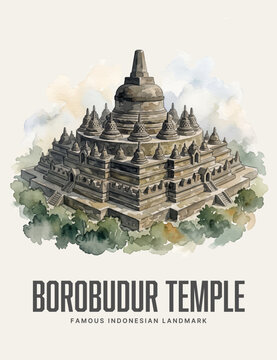 Borobudur Temple Watercolor Style Vector Poster of Famous Indonesian Landmark