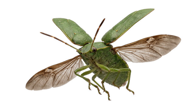 Flying green shield bug wings spread in motion isolated on transparent background for entomology education wildlife illustration and science concepts.