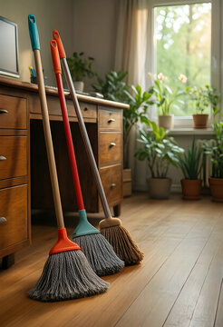 House cleaning and home maintenance, three colorful mops leaning against a wooden desk in a bright living room interior for domestic chores and hygiene