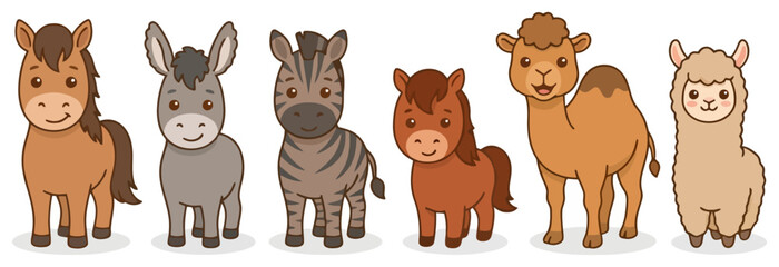 Fototapeta premium Cute cartoon animals collection featuring a horse donkey zebra pony camel and llama.