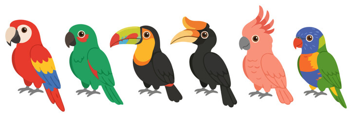 Fototapeta premium A collection of six colorful cartoon tropical birds standing in a row.
