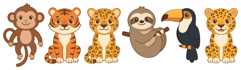Fototapeta premium A collection of cute cartoon jungle animals including a monkey tiger leopard sloth and toucan.