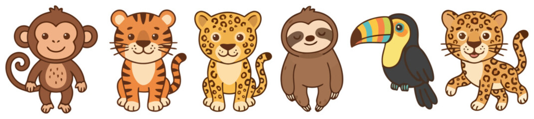 Fototapeta premium Cute cartoon jungle animals collection featuring a monkey tiger leopard sloth and toucan.