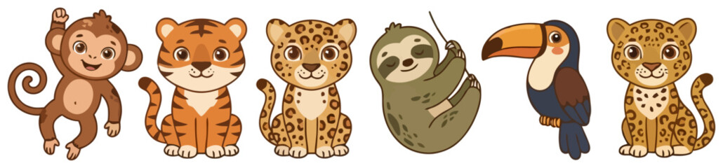 Fototapeta premium Cute cartoon jungle animal characters set including monkey tiger leopard sloth and toucan.