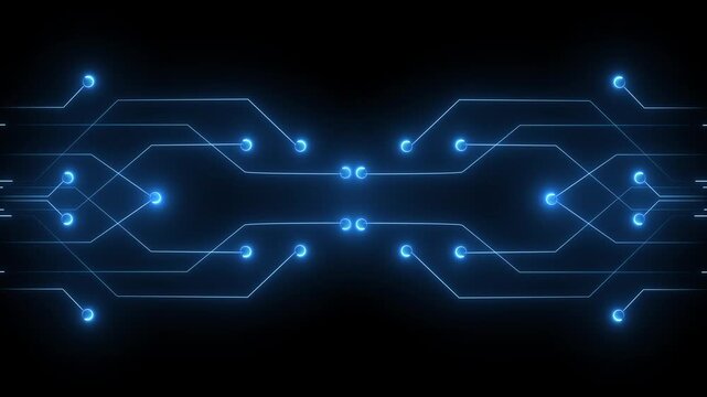 Circuit board animation displays horizontal data tracks and nodes on dark. Motherboard processor hardware data routes on circuit board. Consoles operate with board.