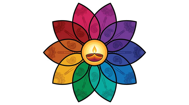 Vibrant Colorful Mandala Rangoli with Diya for Navratri Celebration Isolated on White Transparent Background