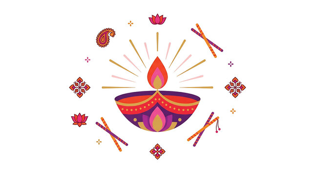 Navratri Festival Diya Lamp with Dandiya Sticks and Lotus Elements Isolated on White Transparent Background