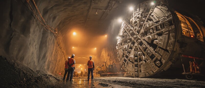 Workers inspecting a large tunnel boring machine.
